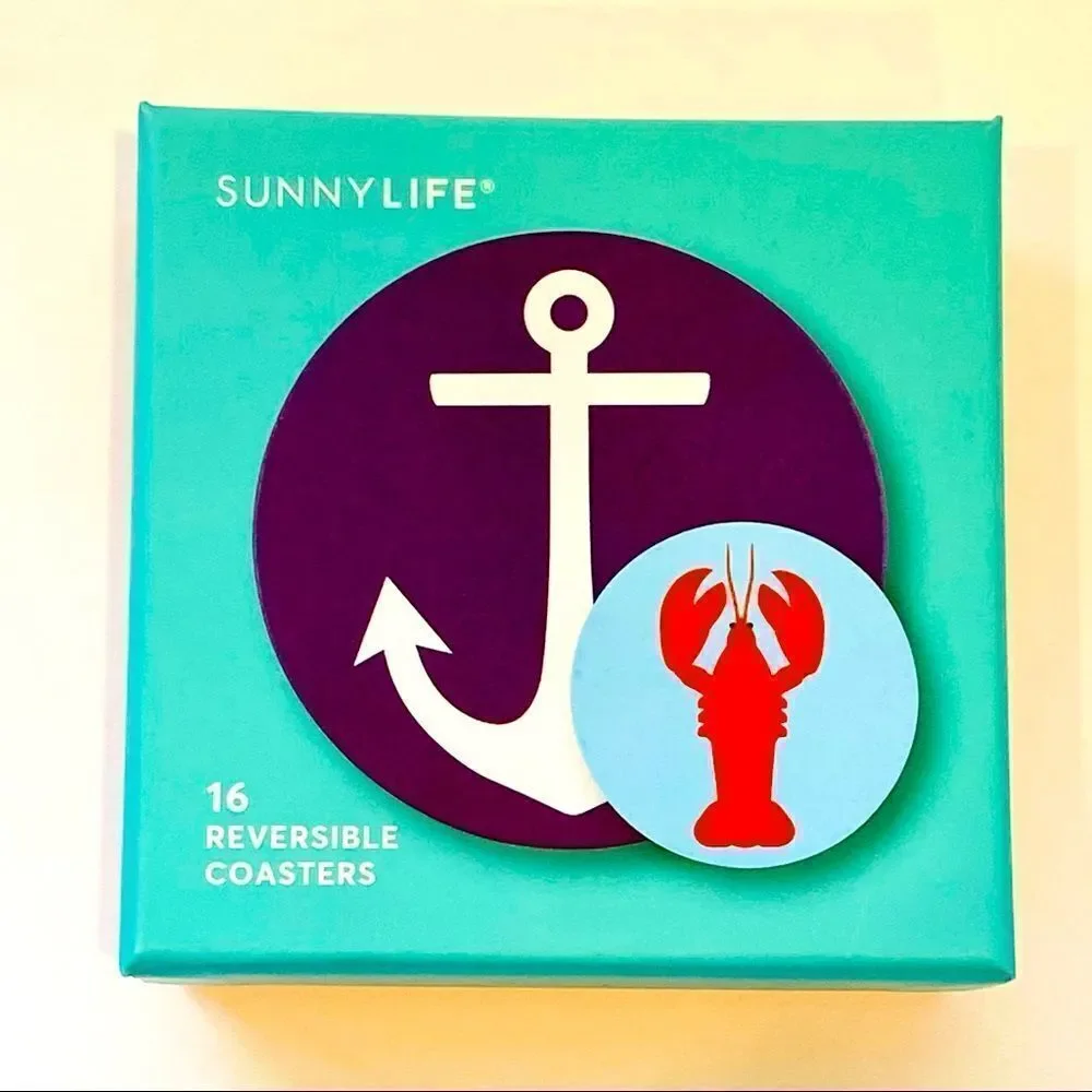 Sunny Life Set 16 Reversible Coastal Coasters Anchor Lobster NWT